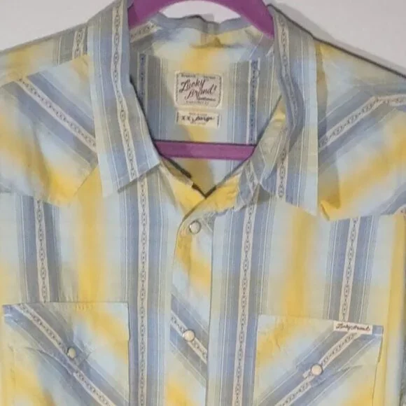 Lucky Brand Men's XXL Western Shirt Pearl Snap Long Sleeve Yellow & Blue Plaid - Picture 2 of 8